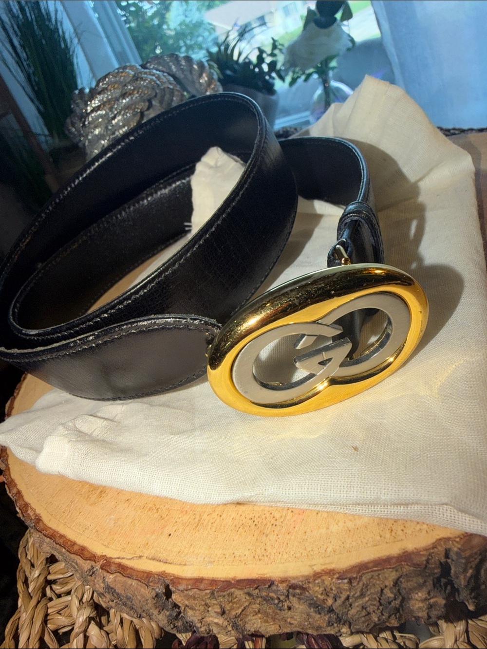 Gucci Black Leather Belt with Gold & Silver Interlocking G Buckle